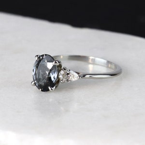 Grey Spinel and Moissanite 3 Stone Engagement Ring Diamond Free Ring Classic Wedding Ring Oval Spinel Ring Trilogy Ring image 2