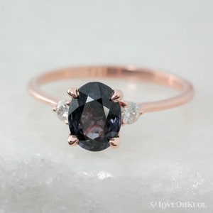 Rose Gold Grey Spinel Engagement Ring: Oval Trilogy Moissanite Wedding Ring