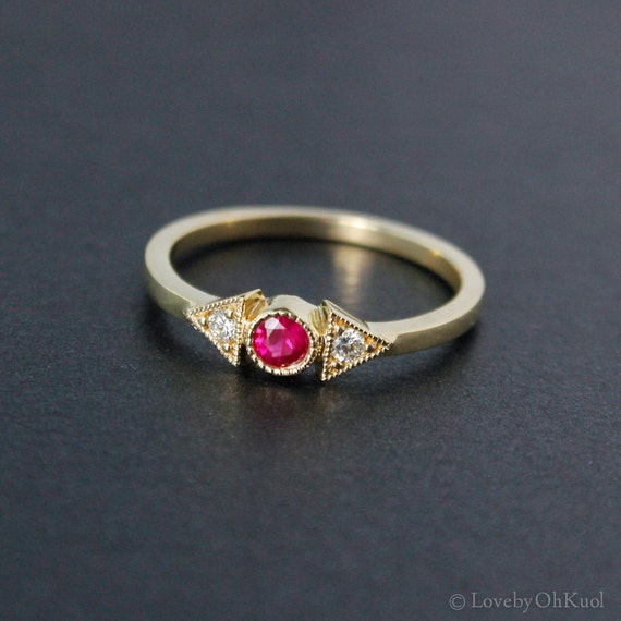 Gold Red Ruby Ring - Geometric Ring - Diamonds, Choose Your Birthstone