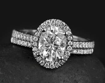 Forever One Colorless Moissanite Engagement Ring, Halo Diamond, Half-Eternity Diamond Wedding Band, Moissanite Rings