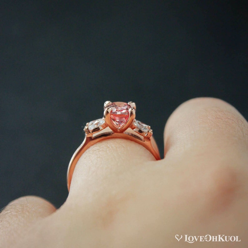 Rose Gold Oval Peach Sapphire Floral Engagement Ring, Diamond Free Sapphire Floral Cluster Wedding Ring, Prong Set Sapphire Ring image 7