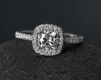 Halo Engagement Ring - Forever One Colorless Moissanite - Half-Eternity Band, Classic Engagement Rings