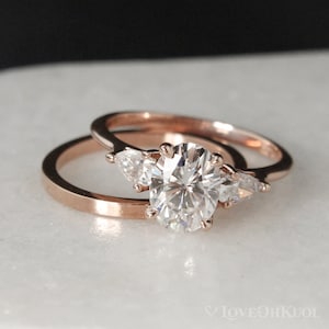 Rosegold Moissanit Verlobungsring Set: Oval & Tropfenschliff, Vintage inspiriert