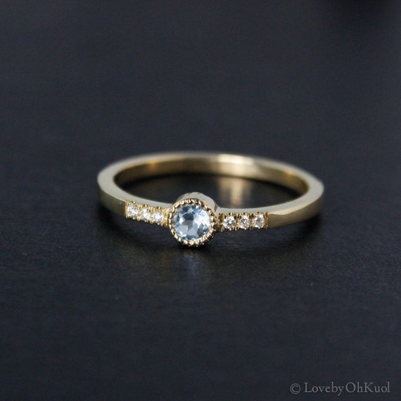 Gold Blue Aquamarine Ring - Choose Your Birthstone - Diamonds, Minimalist Ring