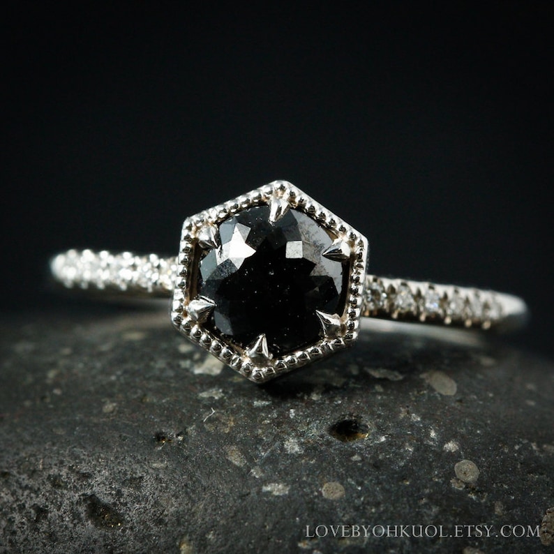 Rose Cut Black Diamond Ring - Micro Pave Diamond Band - Choose Your Setting image 1