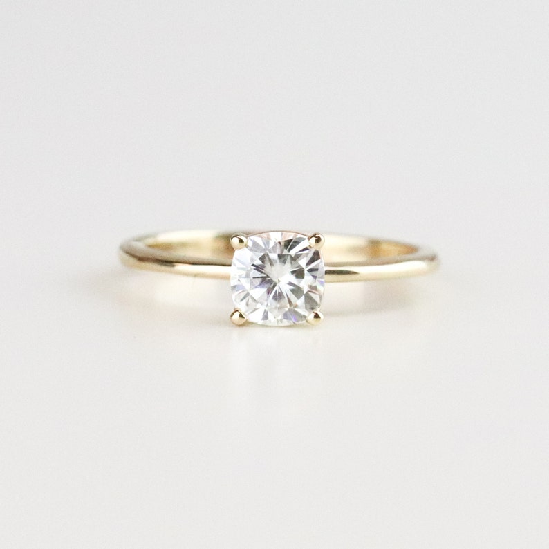 Yellow Gold Cushion Cut Forever One Moissanite Solitaire Engagement Ring, Dainty Moissanite Bridal Ring, Prong Set Low Profile Ring image 2