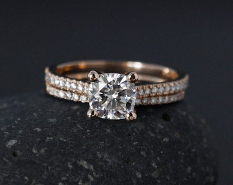 Rose Gold Forever One Moissanite Engagement Ring - Matching Half-Eternity Diamond Band - Prong Set