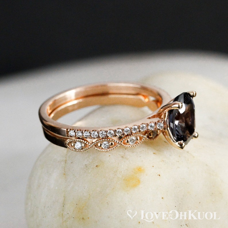 Rose Gold Grey Spinel Engagement Ring Single Diamond Leaf Wedding Band Vintage Inspired, Natural Spinel Ring, Oval Spinel Ring image 3