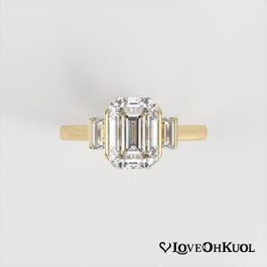 Art Deco Emerald Cut Lab Grown Diamond Engagement Ring, Half Bezel Set