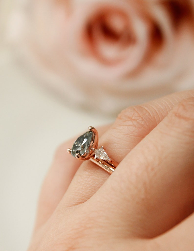 Rose Gold 3 Stone Pear Cut Grey Moissanite Engagement Ring, Grey Trilogy Ring, Alternative Bridal Ring, Boho Bridal Rings image 7