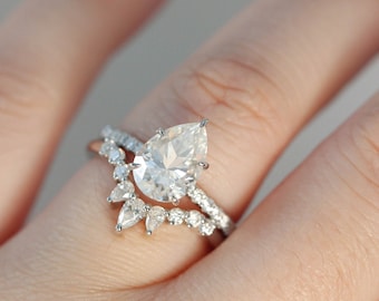 Moissanite Pear Cut Engagement Ring: 14k White Gold Under Halo Bridal Ring