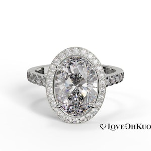 Art Deco Lab Grown 2.50 Carat Oval Diamond Halo Engagement Ring: 14K Gold