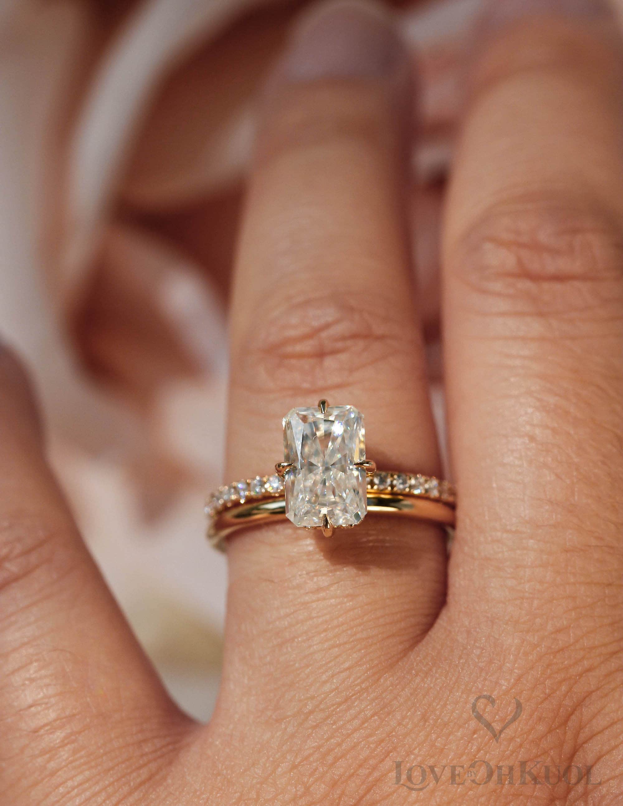 Yellow Gold Crushed Ice Radiant Cut Moissanite Engagement Ring Under Halo Bridal Ring Low Profile Ring Dainty Wedding Band Etsy