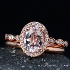 Rose Gold Pink Morganite Engagement Ring - Halo Diamond - Comfort Fit Wedding Band, Bridal Set