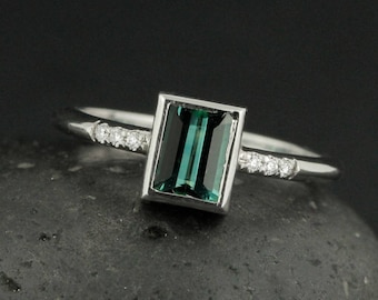 Teal Green Tourmaline Ring - Emerald Cut Tourmaline - Engagement Ring