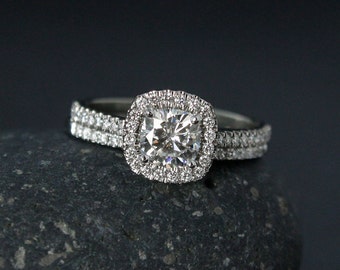 Halo Diamond Engagement Ring - Forever One Colorless Moissanite - Half-Eternity Diamond Wedding Band - Classic Bride