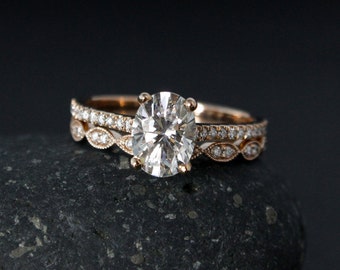 Rose Gold Oval Solitaire Moissanite Engagement Ring, Art Deco Wedding Band Set, 4 Prong Setting Micro Pave Diamond Ring