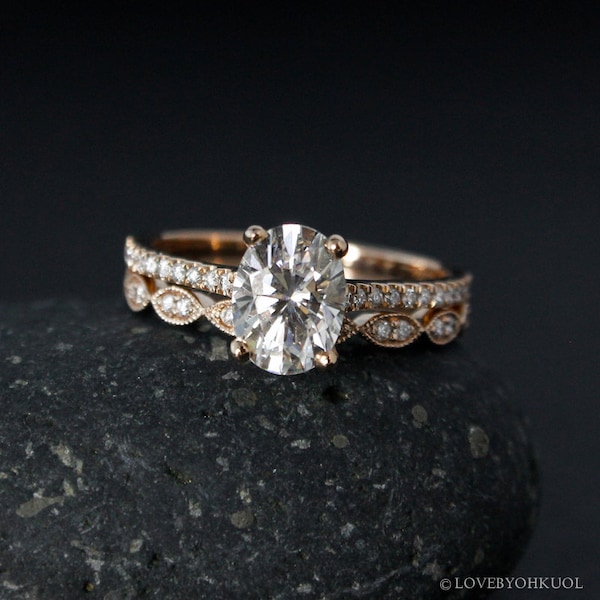 Rose Gold Oval Solitaire Moissanite Engagement Ring, Art Deco Wedding Band Set, 4 Prong Setting Micro Pave Diamond Ring