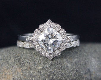 Forever One Moissanite Diamond Halo Cushion Cut Engagement Ring - Leaf Miligrain Wedding Band