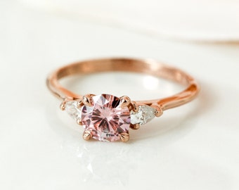 Pink Moissanite Engagement Ring, Round Brilliant Cut Peachy Pink Moissanite 3 Stone Bridal Ring, Prong Set Trilogy Wedding Ring