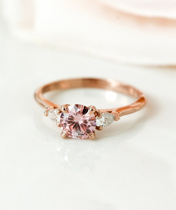 Rose Gold Peach Moissanite Engagement Ring Round Brilliant | Etsy