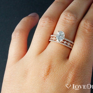 Forever One Oval Moissanite Engagement Ring Set, Oval Wedding Ring Set, Milgrain Wedding Band, Moissanite Ring image 3