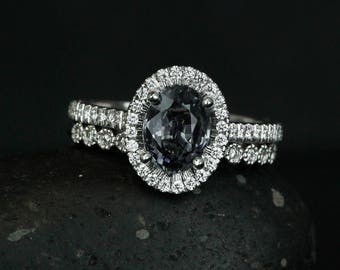 Oval Cut Gray Spinel Engagement Ring - Bridal Set - Milgrain Bezel Diamond Wedding Band