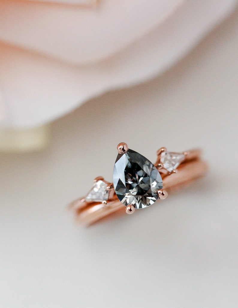 Rose Gold 3 Stone Pear Cut Grey Moissanite Engagement Ring, Grey Trilogy Ring, Alternative Bridal Ring, Boho Bridal Rings image 1