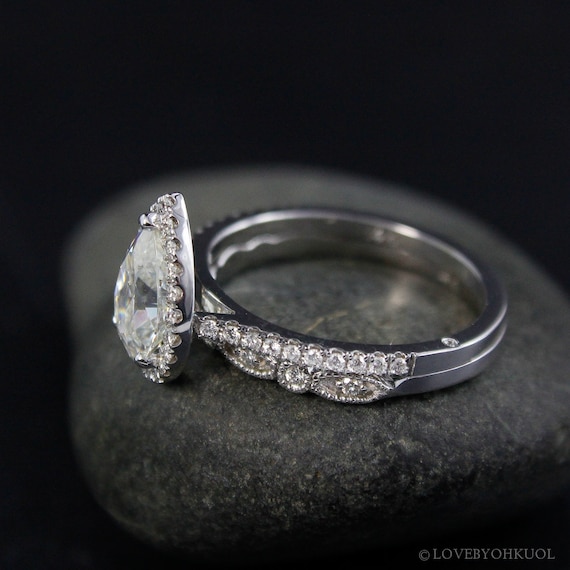 Forever One White Gold Vintage Pear Cut Moissanite Halo  Elegant Halo pear cut white diamond wedding ring set sz 9 main image 0