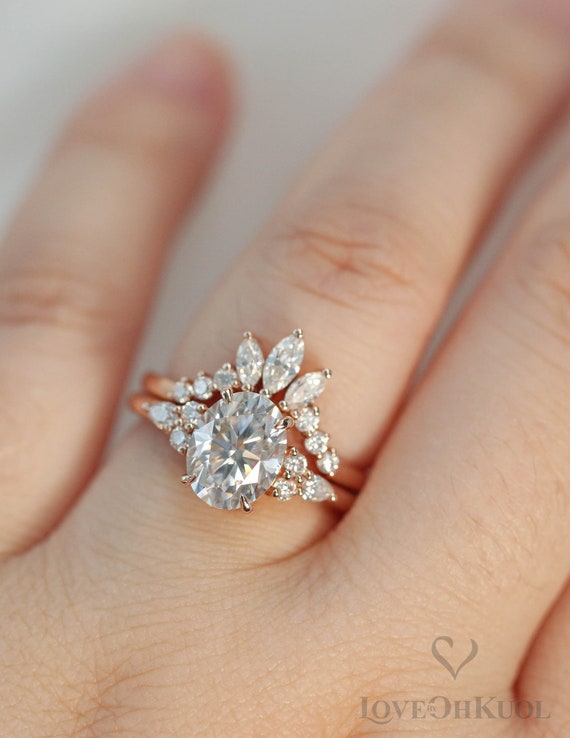 Rose Gold Oval Colorless Moissanite Engagement Ring, Oval Cluster