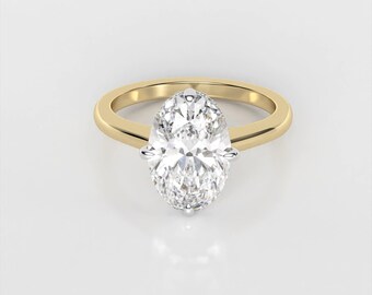 Anillo de compromiso con diamante ovalado cultivado en laboratorio de 3 quilates: Halo oculto de dos tonos de 14 quilates