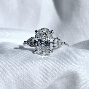 Lab Grown Oval Diamond Engagement Ring: 14k White Gold Three Stone Ring