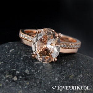 Oval Peach Morganite Engagement Ring Set, Morganite Wedding Band, Classic Bridal Rings, Solitaire Ring, Modern Wedding