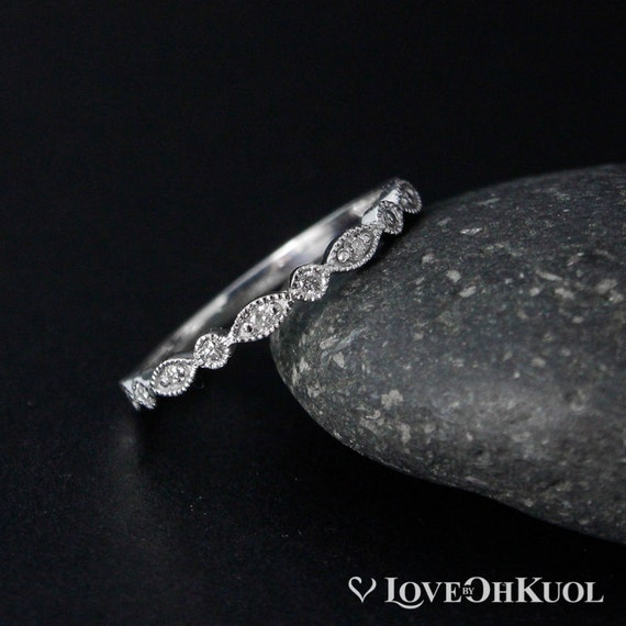White Gold Diamond Wedding Band Milgrain Band Leaf Round Etsy