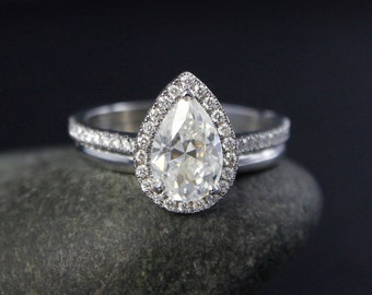 Forever One White Gold Pear Moissanite Halo Diamond Engagement Ring, Pear Cut Wedding Set,  Half Eternity Micro Pave Diamond, Pear Cut Ring