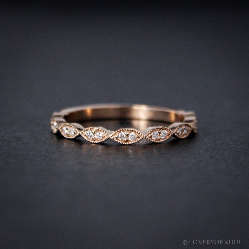 Rose Gold Wedding Band Double Diamond Milgrain Leaf