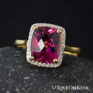 Pink Tourmaline Diamond Halo Ring: 18K Gold October Birthstone