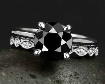 White Gold Round Brilliant Cut Black Tourmaline Ring, Art Deco Leaf Milgrain Crown Wedding Band, Alternative Engagement Ring Bridal Set