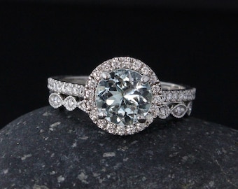 Blue Aquamarine Diamond Halo Engagement Ring – Milgrain Diamond Wedding Band - Set of Rings