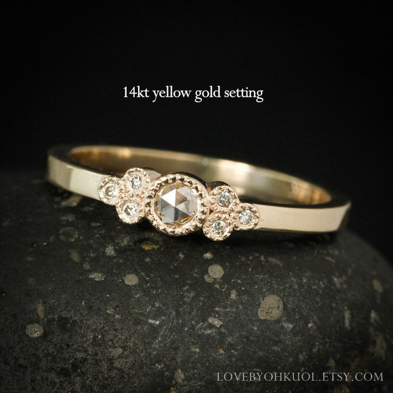 Rose Gold Art Deco Rose Cut Diamond Engagement Ring Vintage Inspired Hand Milgrain Wedding Ring 14K Rose Gold image 4