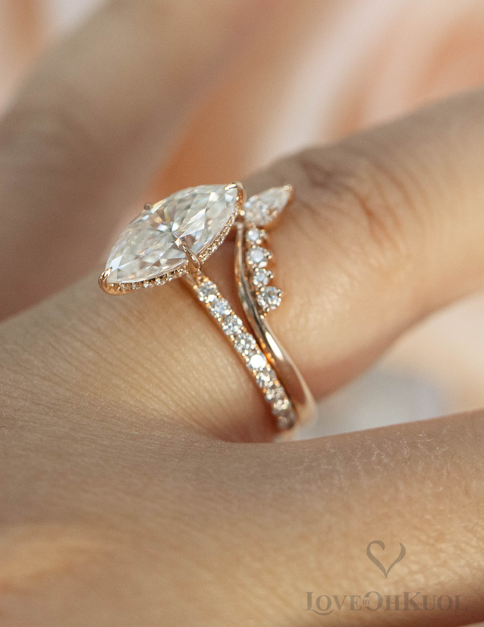 Marquise Lab Grown Diamond Engagement Ring Rose Gold Halo Pavé Ring 18K Rose Gold / 5.75
