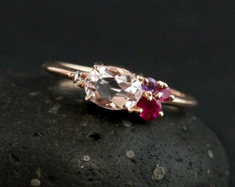 Oval Morganite Cluster Ring: Ruby, Amethyst & Diamond, 10kt Rose Gold