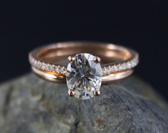 Forever One Colorless Oval Moissanite Solitaire Engagement Ring, Wedding Set, Comfort Fit Wedding Band