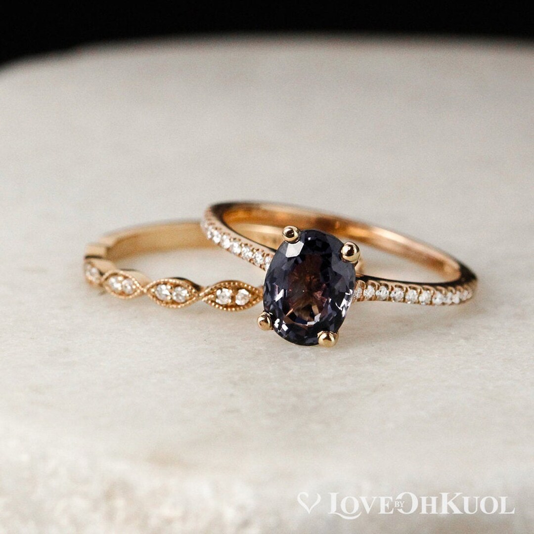 Dark Grey Spinel Engagement Ring Set: Diamond Leaf Wedding Band, 14k ...