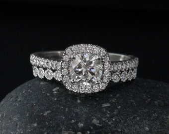 Cushion Cut Engagement Ring - Forever One Colorless Moissanite - Diamond Wedding Band