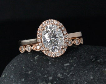 Rose Gold Forever One Moissanite Ring - Leaf & Round Shape Milgrain Band - Wedding Set