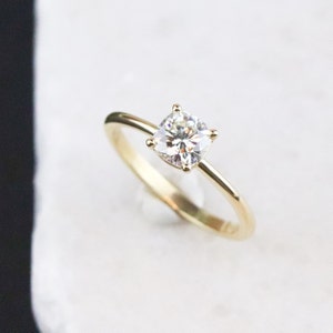 Yellow Gold Cushion Cut Forever One Moissanite Solitaire Engagement Ring, Dainty Moissanite Bridal Ring, Prong Set Low Profile Ring image 1