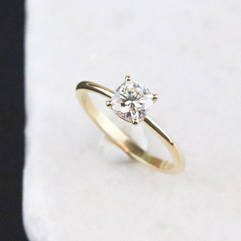 Yellow Gold Cushion Cut Forever One Moissanite Solitaire Engagement Ring, Dainty Moissanite Bridal Ring, Prong Set Low Profile Ring image 1