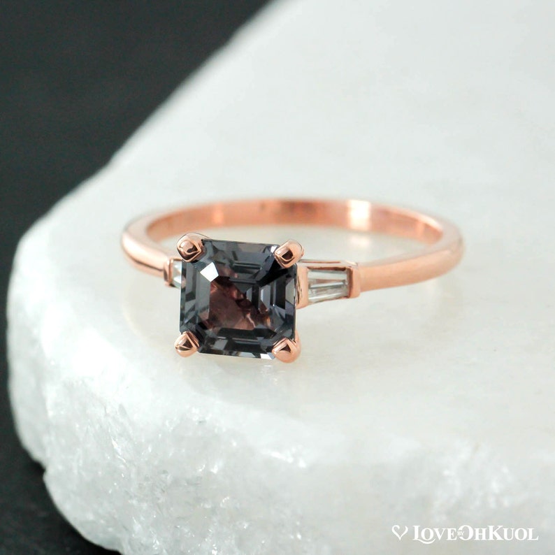 Rose Gold 3 Stone Asscher Cut Grey Spinel Engagement Ring, Spinel Diamond Trilogy Bridal Ring, Unique Engagement Ring, Alternative Wedding image 2