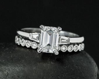 White Gold Emerald Cut Forever One Moissanite Ring, Bezel Set Milgrain Diamond Wedding Band, Unique Bridal Set